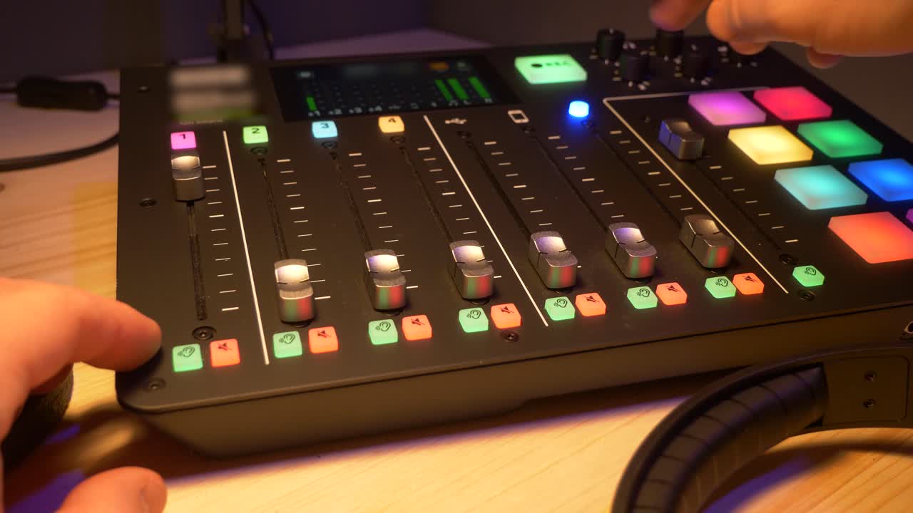 손가락이 녹음 장치의 일부 버튼을 누르고 있습니다 - 팟캐스트 쇼 녹음