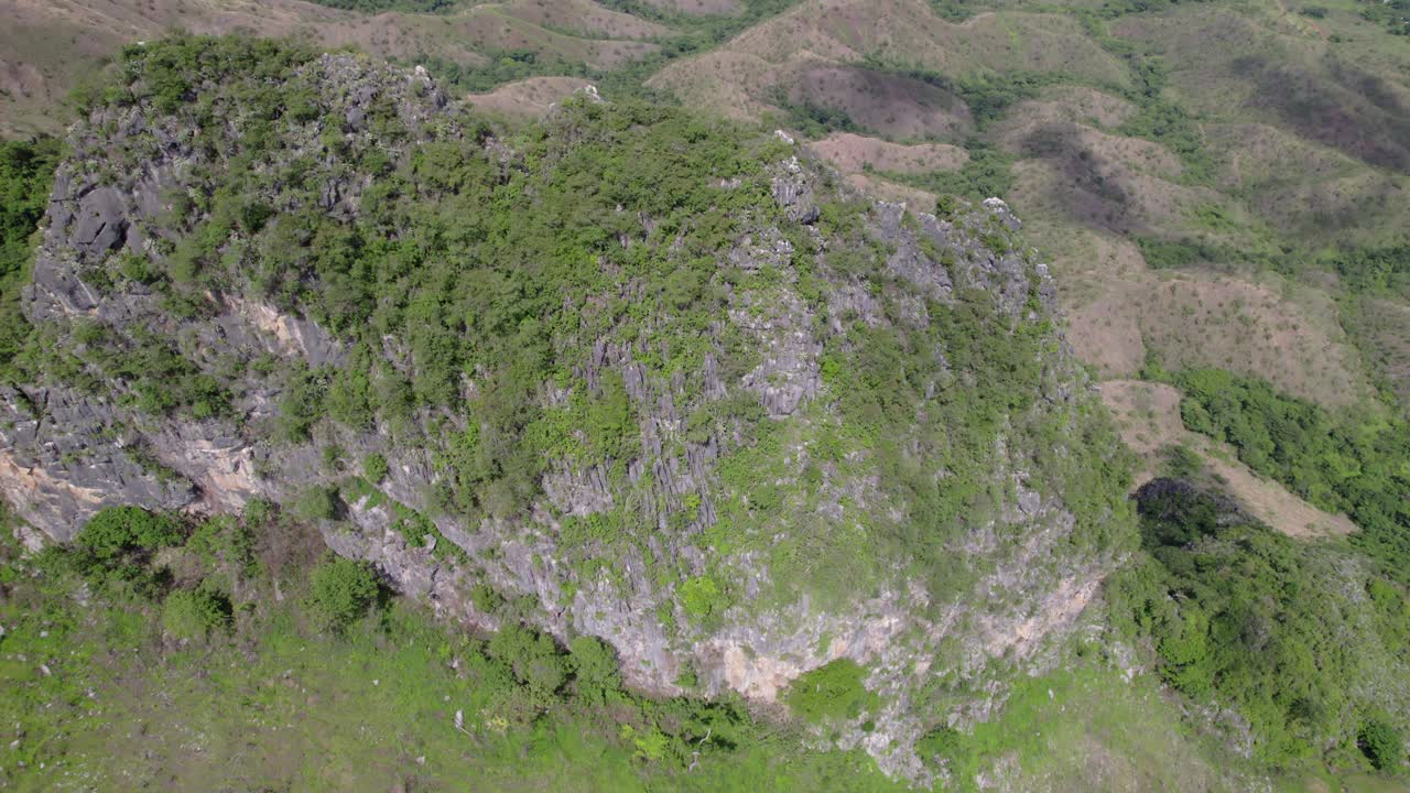 Aerial view of rugged Los Morros de San Juan with lush green landscapes