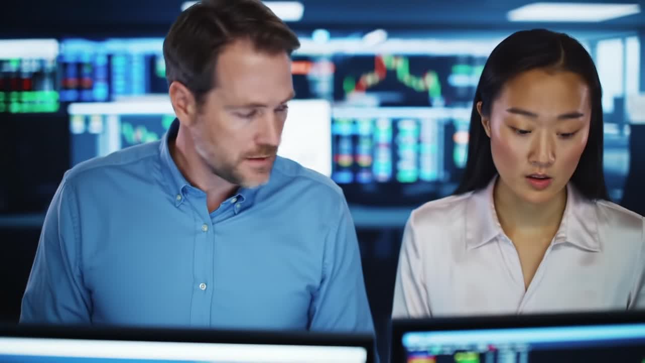 Two Colleagues Engaged in Intense Analysis of Financial Data on Monitors, Exploring Stock Trends and Market Insights in a Busy Trading Environment