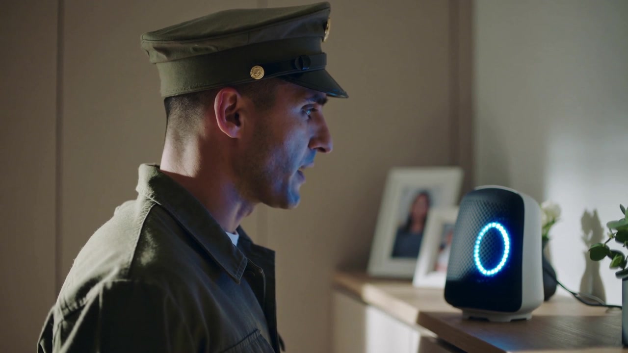 Reacting to blue LED ring, military-clad man speaking command toward smart speaker at home dresser