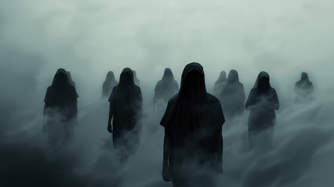 Dense fog engulfing ground sending hooded figures in dark robes walking through mist toward camera