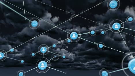 Networks-of-connections-with-icons-over-cloudy-night-sky