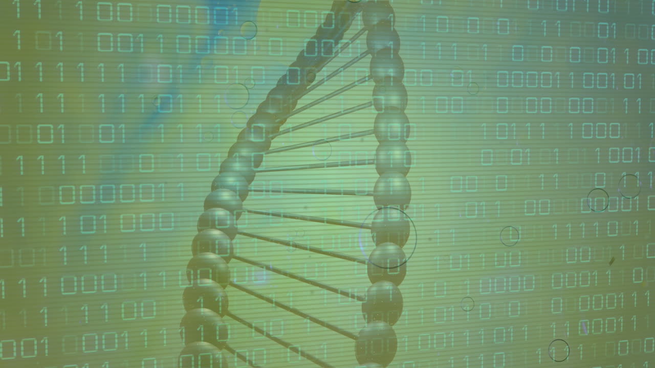Animation of data processing over dna strand on green background