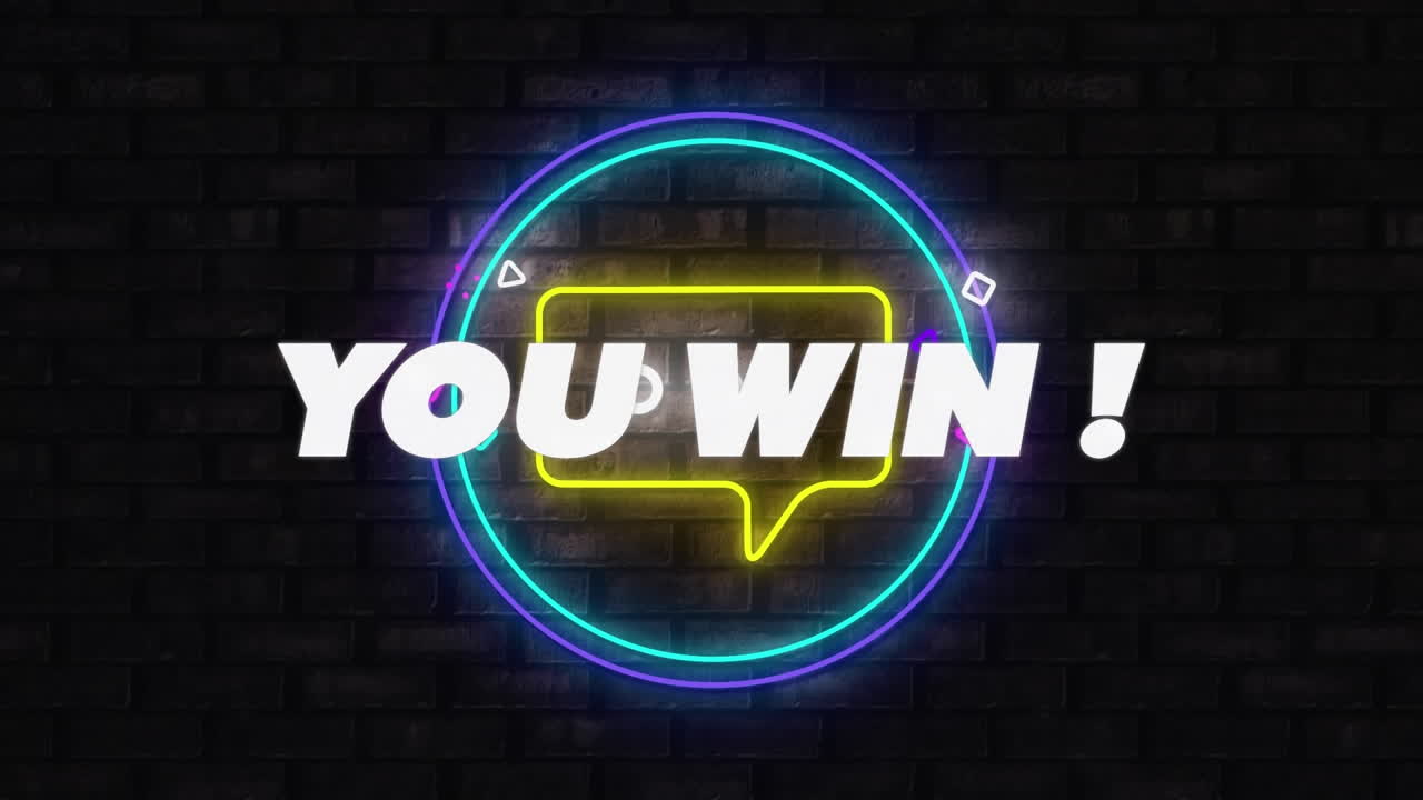 Animation of you win text and message icon over neon round banner against brick wall background