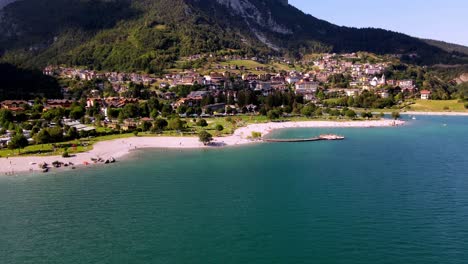 aerial views of the molveno town and lake, in the dolomites region, trento, italy