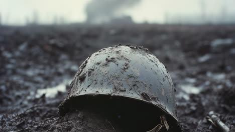 raindrops pattering on abandoned military helmet, resting in muddy battlefield terrain, with explosions and smoke from military vehicles blurring background landscape