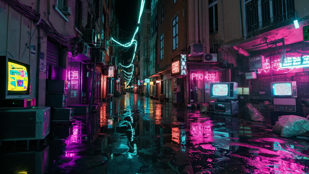 Neon-lit alley with retro tech and reflections, captured from a low angle