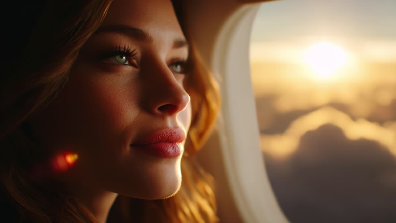 Serenità accattivante: una giovane donna guarda fuori dal finestrino di un aereo mentre il sole dorato sorge sopra le nuvole, catturando un momento di riflessione e bellezza nel cielo durante il suo viaggio in volo
