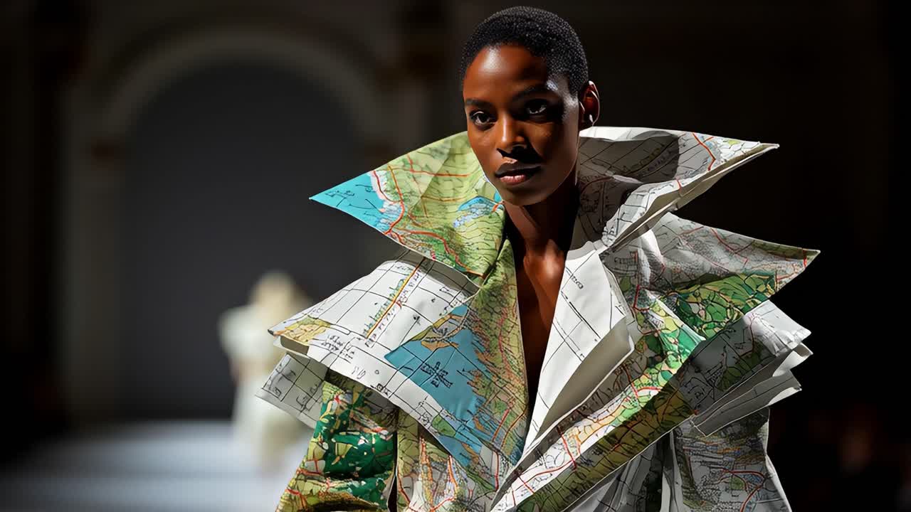 Prezentace inovativní módy ve Vogue s modelem oblečeným do unikátního oděvu z map, která zdůrazňuje složitost textilního umění a moderních designových konceptů