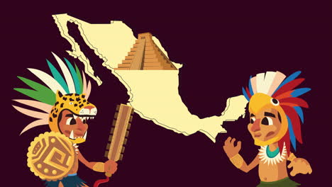 culture aztec pyramid and natives in mexican map animation