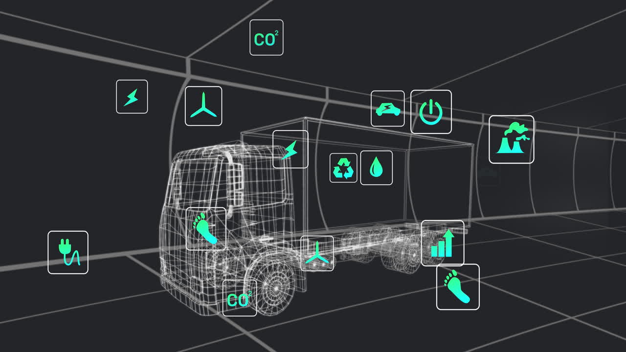 터널에서 원활한 패턴으로 움직이는 3d 트럭 모델 위의 여러 디지털 아이콘의 애니메이션