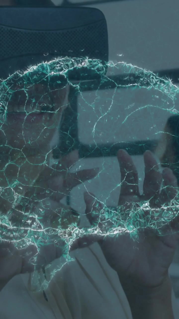 Animation of human brain spinning and data processing over businesswoman wearing vr headset