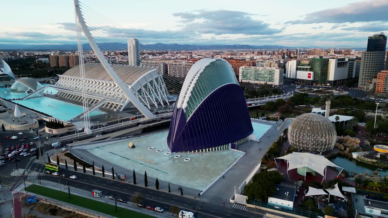 Stunning aerial footage showcasing the CaixaForum València and the Àgora within the City of Arts and Sciences complex in Valencia, Spain.