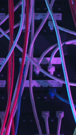 closeup of network cables in server rack with neon lighting