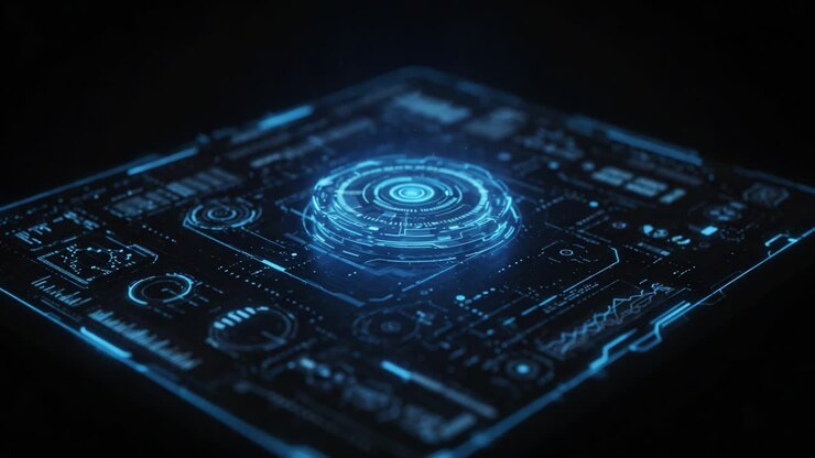 Futuristic Digital Interface with Holographic Elements Showcasing Advanced Technology and Data Visualization in a Dark Environment