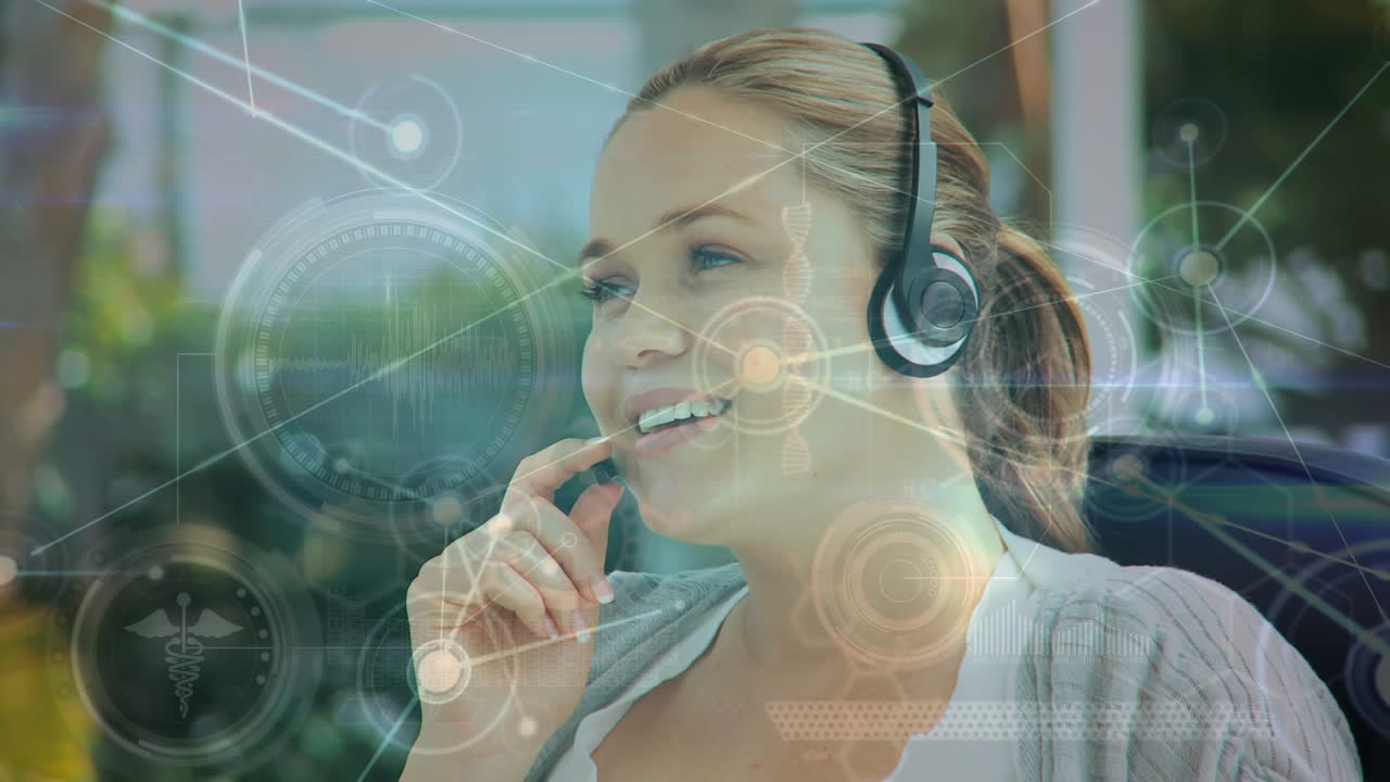 Animazione di una rete di connessioni su donna d'affari caucasica che utilizza un auricolare telefonico