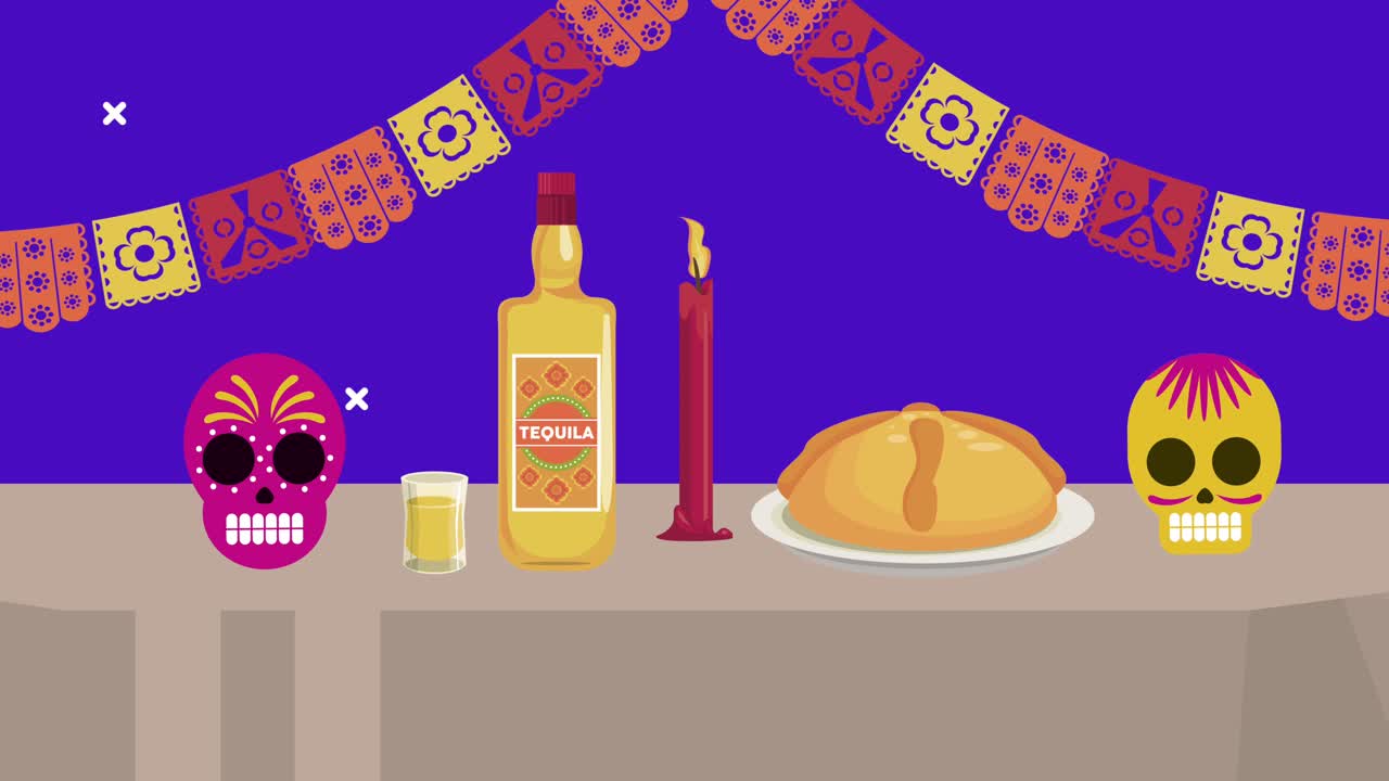 celebrazione del dia de los muertos con tequila e torta dolce