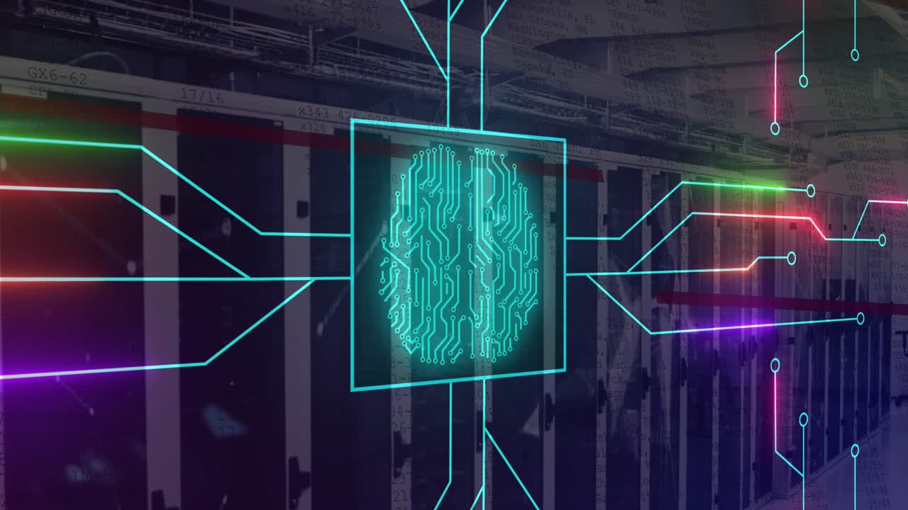 Animation of illuminated circuit board pattern around brain in square over server room