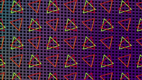triángulos giratorios en formación sobre un fondo de malla de colores