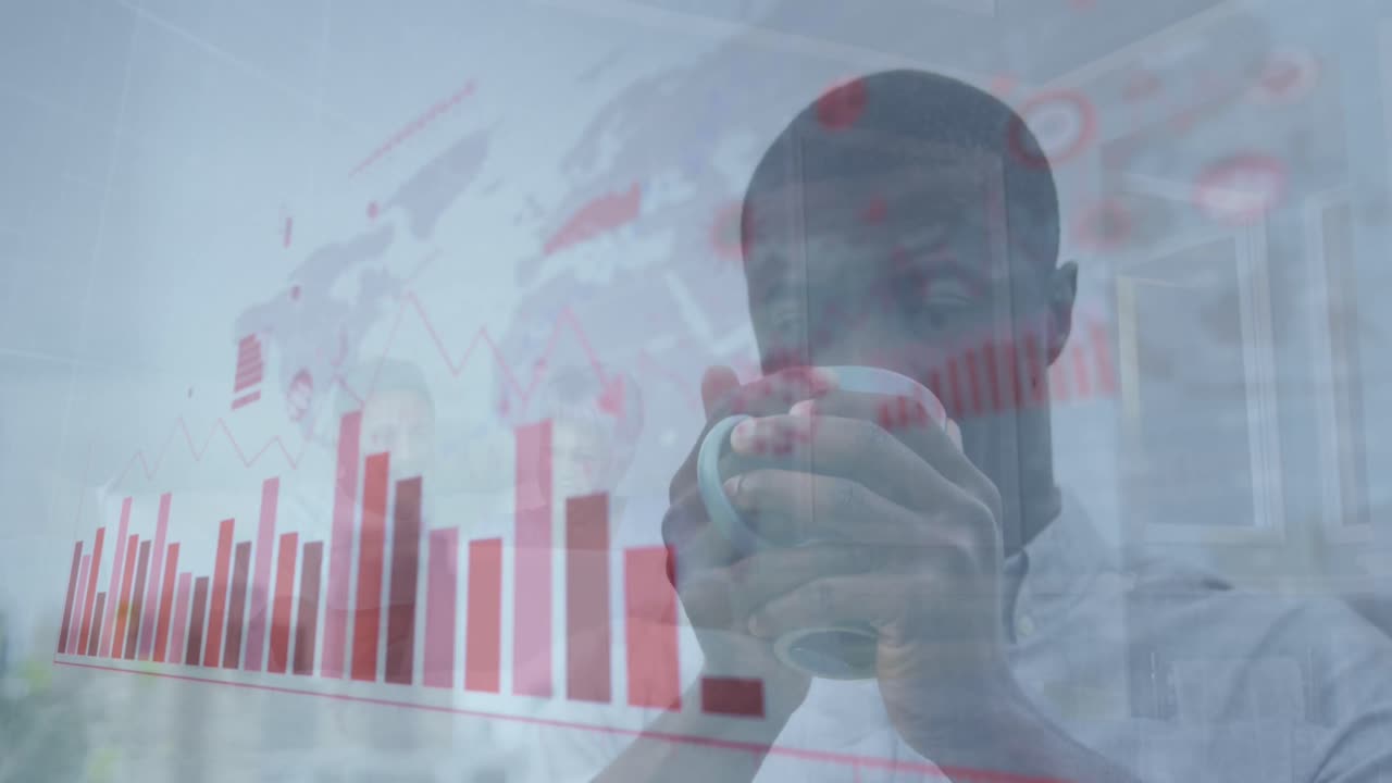 Animation of financial graph over african american man drinking coffee