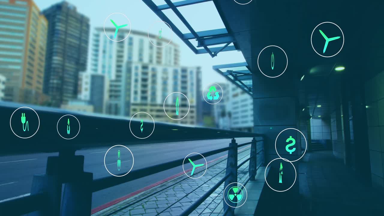 도시 풍경 위의 디지털 아이콘의 애니메이션