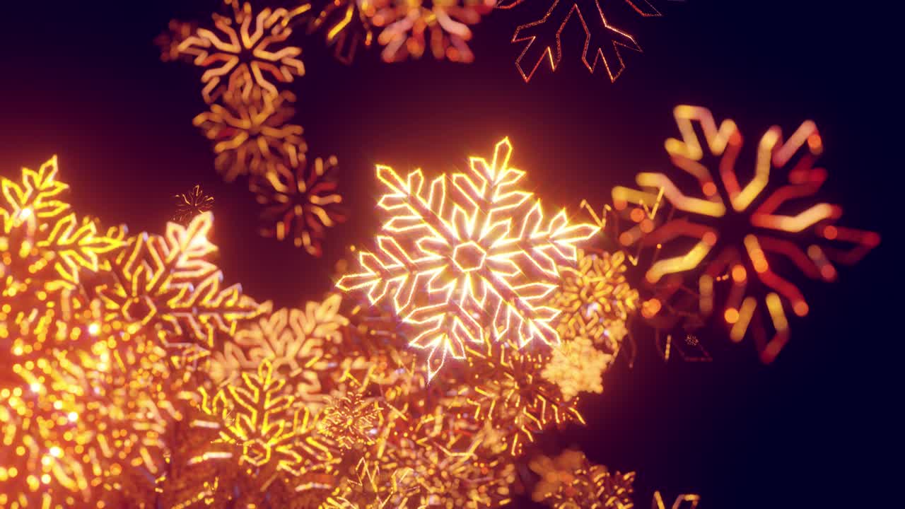 Fundo de Natal dourado 3D com bokeh e profundidade de campo de flocos de neve de brinquedo brilhantes pendurados no ar, lindamente cintilantes, balançando lentamente e brilhando na luz. Lindo 3D para o Ano Novo em 4K.