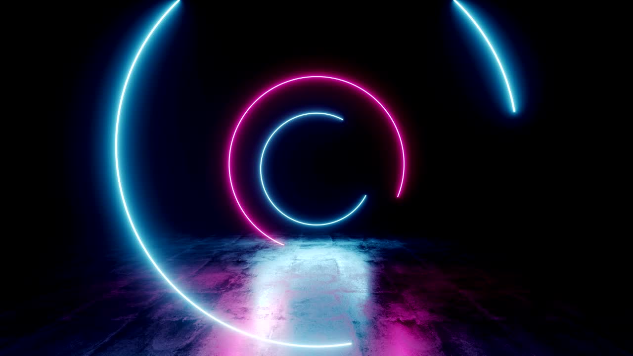 Spiral Neon Glowing Fluorescent Retro Sci Fi Futuristic Purple Blue Laser Circle Rotating Lights On Dark Grunge Concrete Reflective Floor Empty Space Fly Camera Dolly