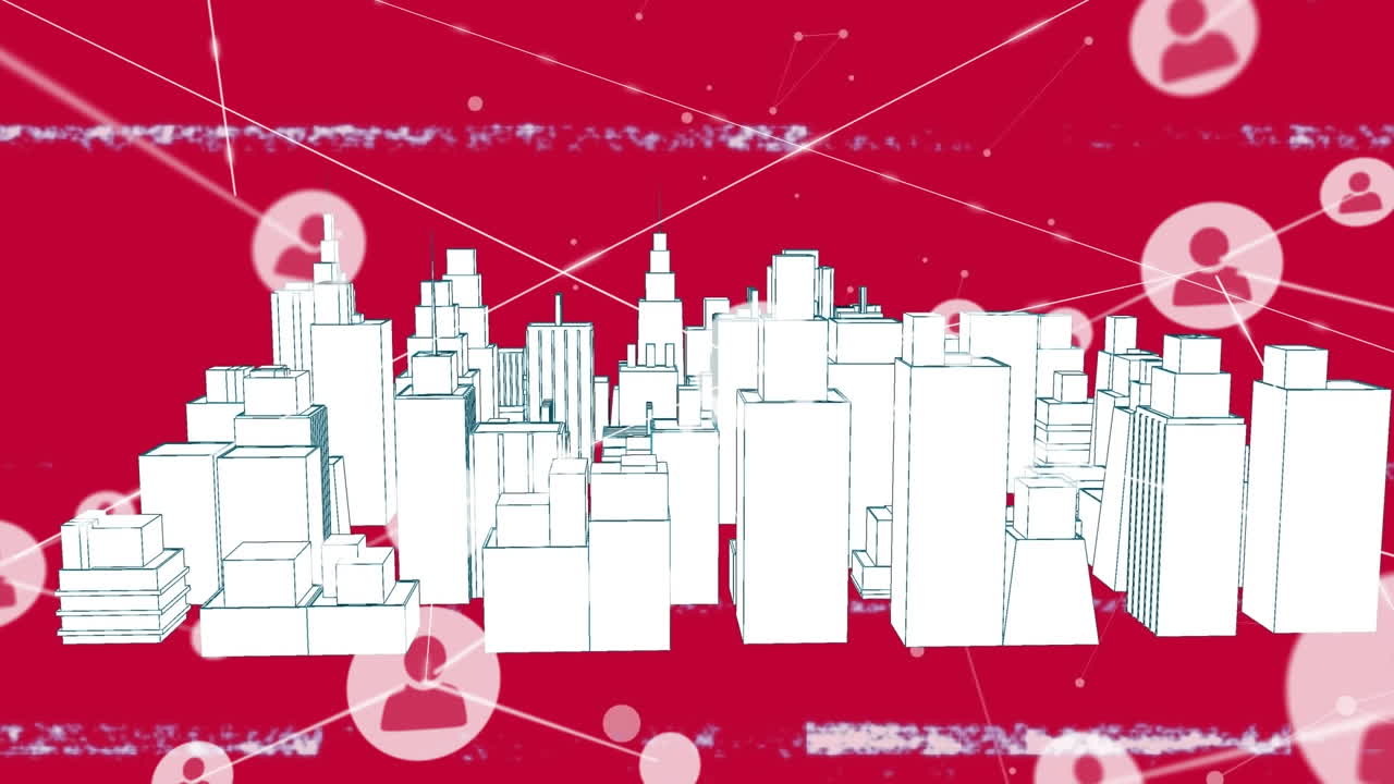 핑크색 배경에 3d 도시 모델을 회전시키는 프로필 아이콘 네트워크의 애니메이션.