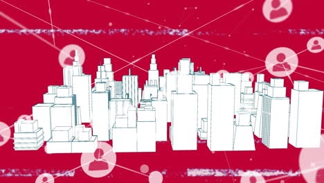 animation of network of profile icons over spinning 3d city model against pink background
