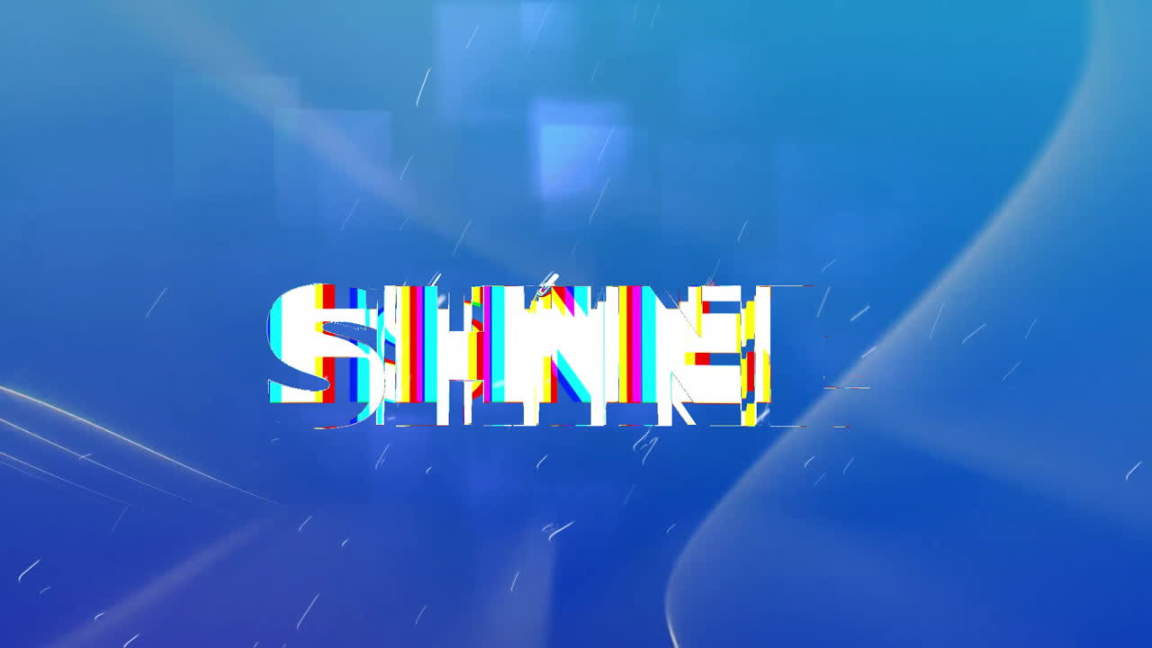 Animation of shine text and glowing light spots moving over blue background