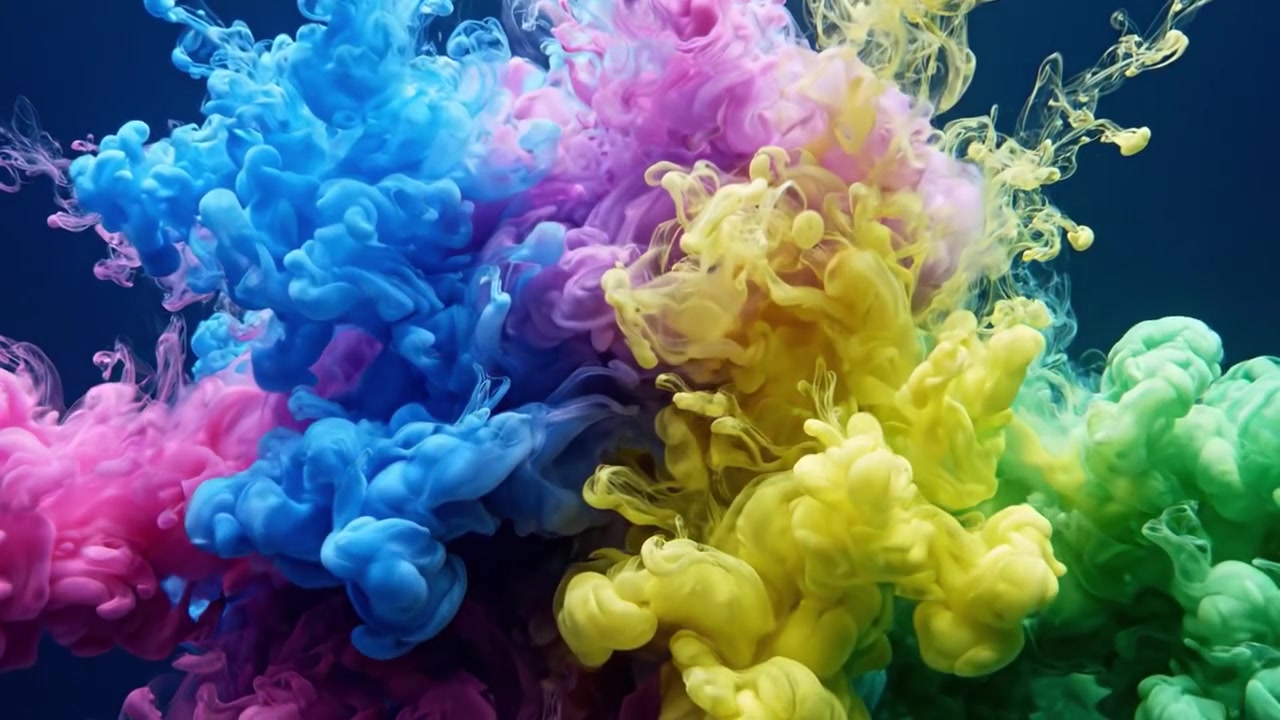 Ein faszinierender Tanz lebendiger Tintenfarben im Wasser: Der dynamische Fluss und die künstlerischen Wirbel von blauen, grünen, pinken und gelben Farbtönen in flüssiger Bewegung.