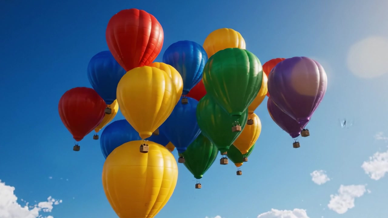 Urzekający widok żywych balonów na ogrzane powietrze wznoszących się w czyste błękitne niebo, symbolizujący wolność, przygodę i radość w kolorowej odsłonie