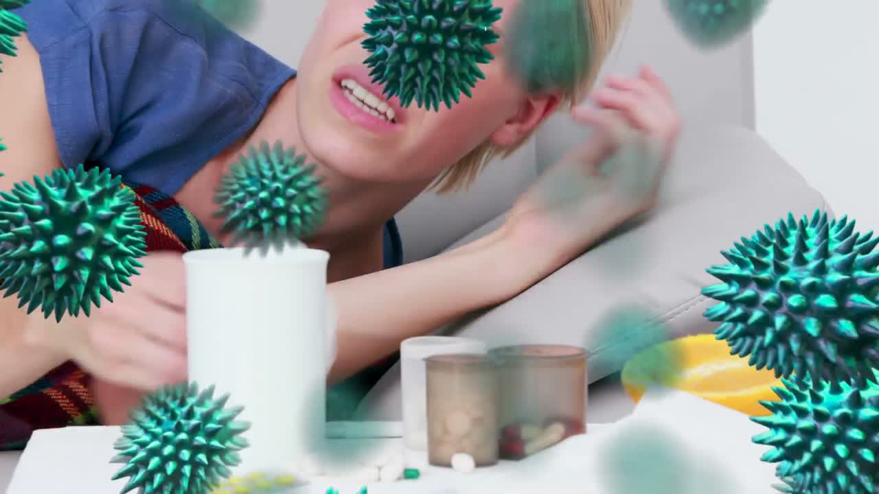animación del virus de la corona azul con una mujer enferma en el fondo