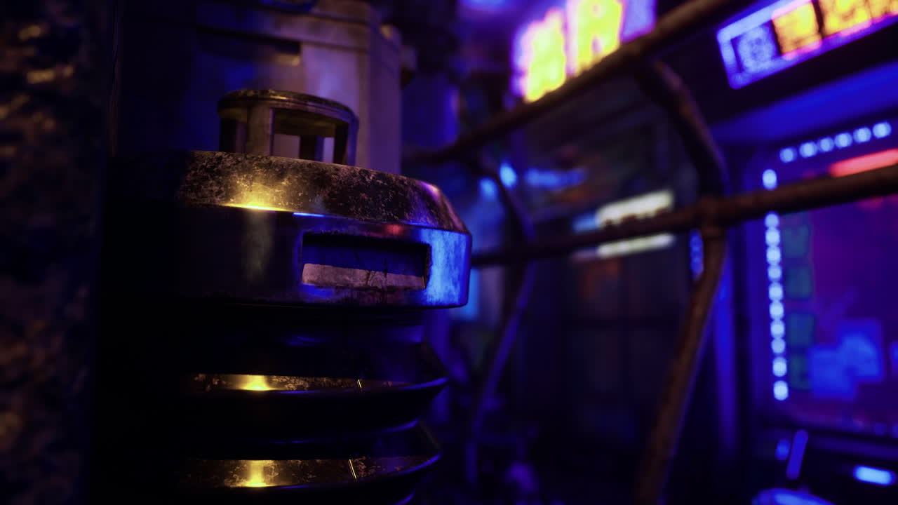 Vibrant neon lit urban environment showcasing a unique metallic structure