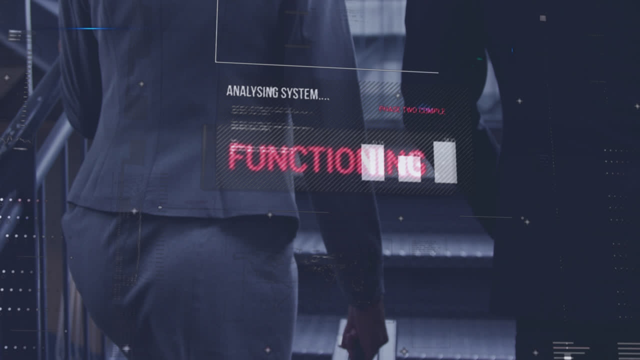 animación de procesamiento de datos financieros sobre hombres de negocios caucásicos caminando