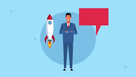 elegant businessman with rocket and speech bubble animation