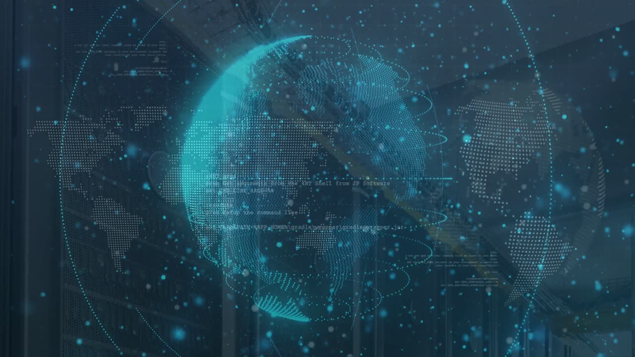 프로그래밍 언어 위에 회전하는 지구를 중심으로 추상적인 패턴의 애니메이션과 지도 위의 점