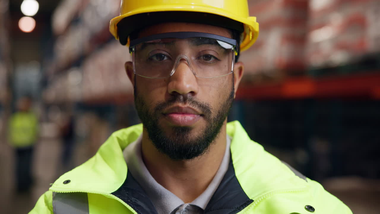 Close-up Portrait of a Serious Male Worker in a Hard Hat and Safety Glasses