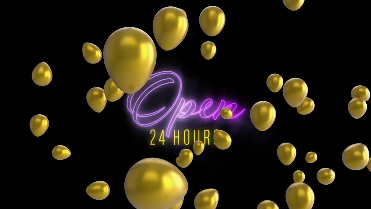 animación de texto abierta las 24 horas, en neón púrpura y amarillo, con globos dorados sobre fondo negro
