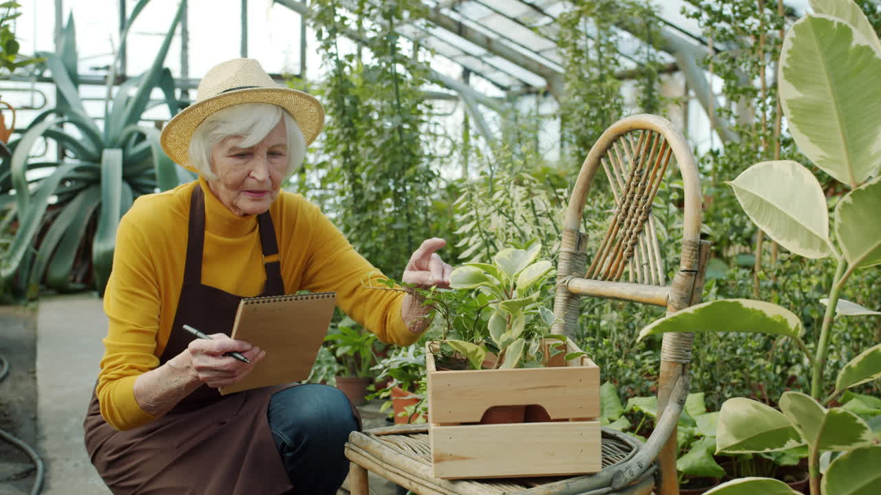 Senior Gardener Taking Notes in a Greenhouse