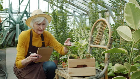 senior gardener taking notes in a greenhouse