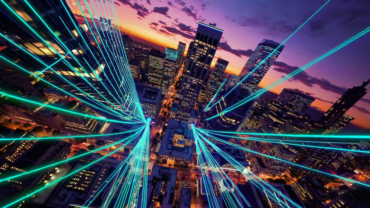Futuristic City Skyline at Sunset with Laser Light Trails