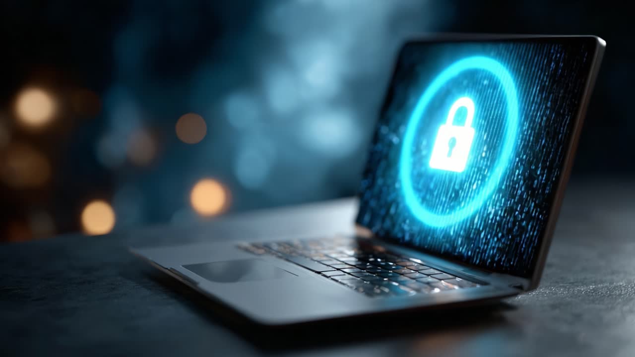 A Modern Laptop Displaying a Digital Lock Icon Surrounded by Glowing Binary Code, Symbolizing Cybersecurity and Data Protection in the Digital Age