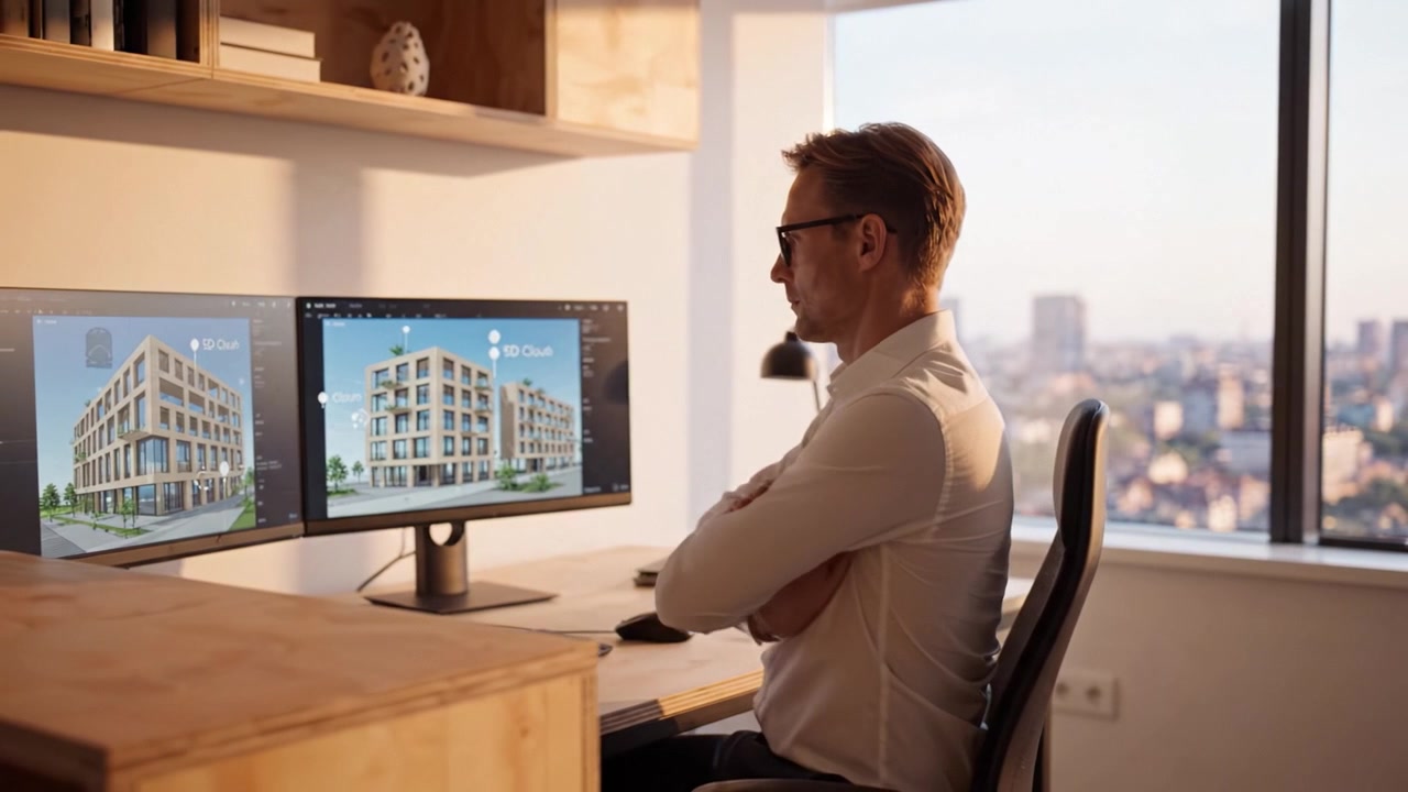 Architetto Professionista Impegnato nel Design Digitale nel Suo Spazio di Lavoro, Che Mostra Due Monitor con Rendering Architettonici e una Splendida Vista Urbana.