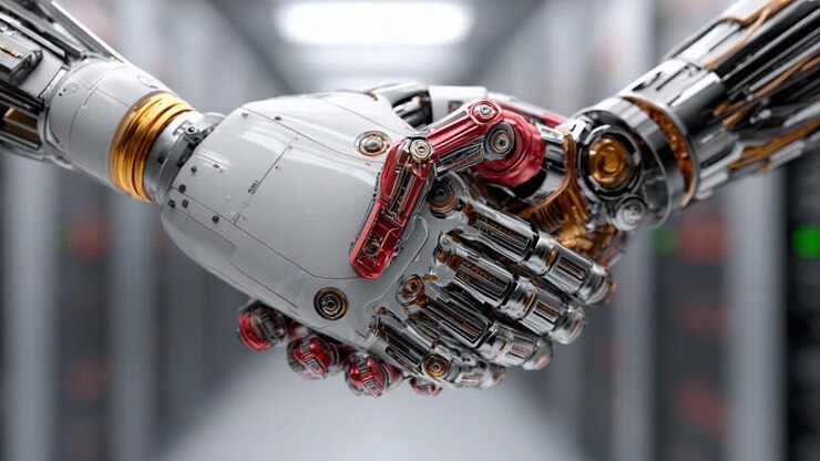 Un primo piano di due bracci robotici avanzati impegnati in una stretta di mano salda, che simboleggia la cooperazione e la fiducia tra i sistemi di intelligenza artificiale in un ambiente high-tech