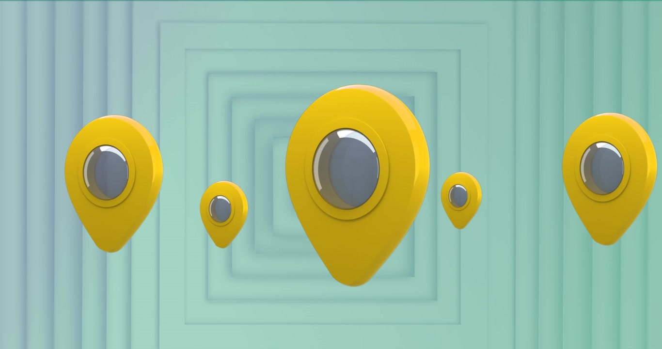 3D Animation of Floating Yellow Location Pins on Abstract Background