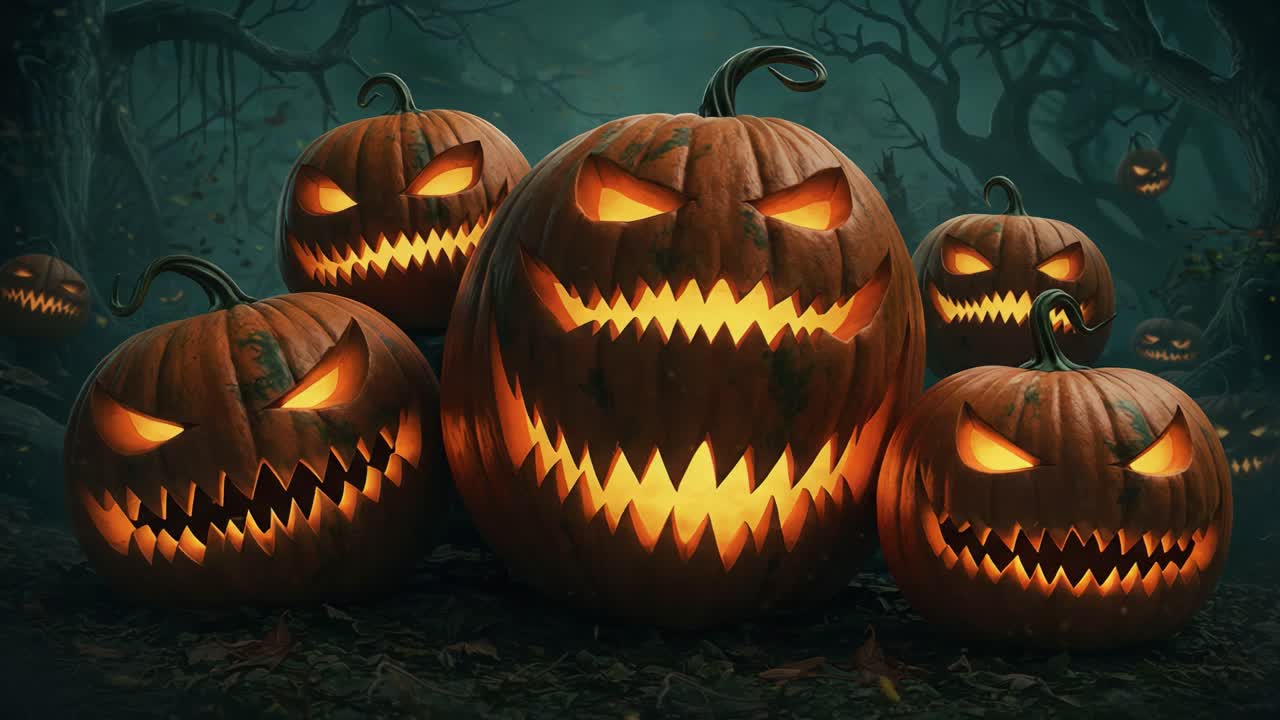 Sinister Jack-o'-Lanterns Glow in the Haunted Pumpkin Patch, Illuminating a Spooky Halloween Night with Eerie Expressions and Chilling Atmosphere
