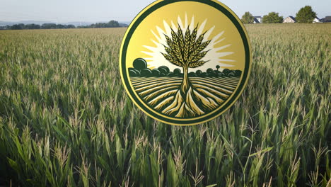 Field-cultivation-and-agriculture-digital-symbol-stands-in-the-middle-of-corn-field,-smooth-drone-shot