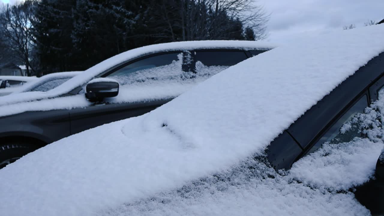 Gorgeous smooth right to left panning footage of cars and vehicles covered in white fluffy snow during a cloudy winter day in a parking lot in front of a building while large dark trees are in back.
