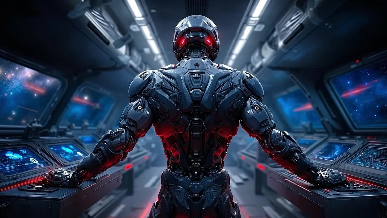 A man in a futuristic space suit standing in front of a control panel